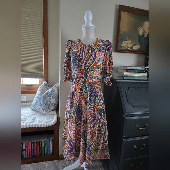 Tyler Boe Womens Dress Size Small Silk Purple And Orange Paisley Puff Sleeves - Picture 9 of 16